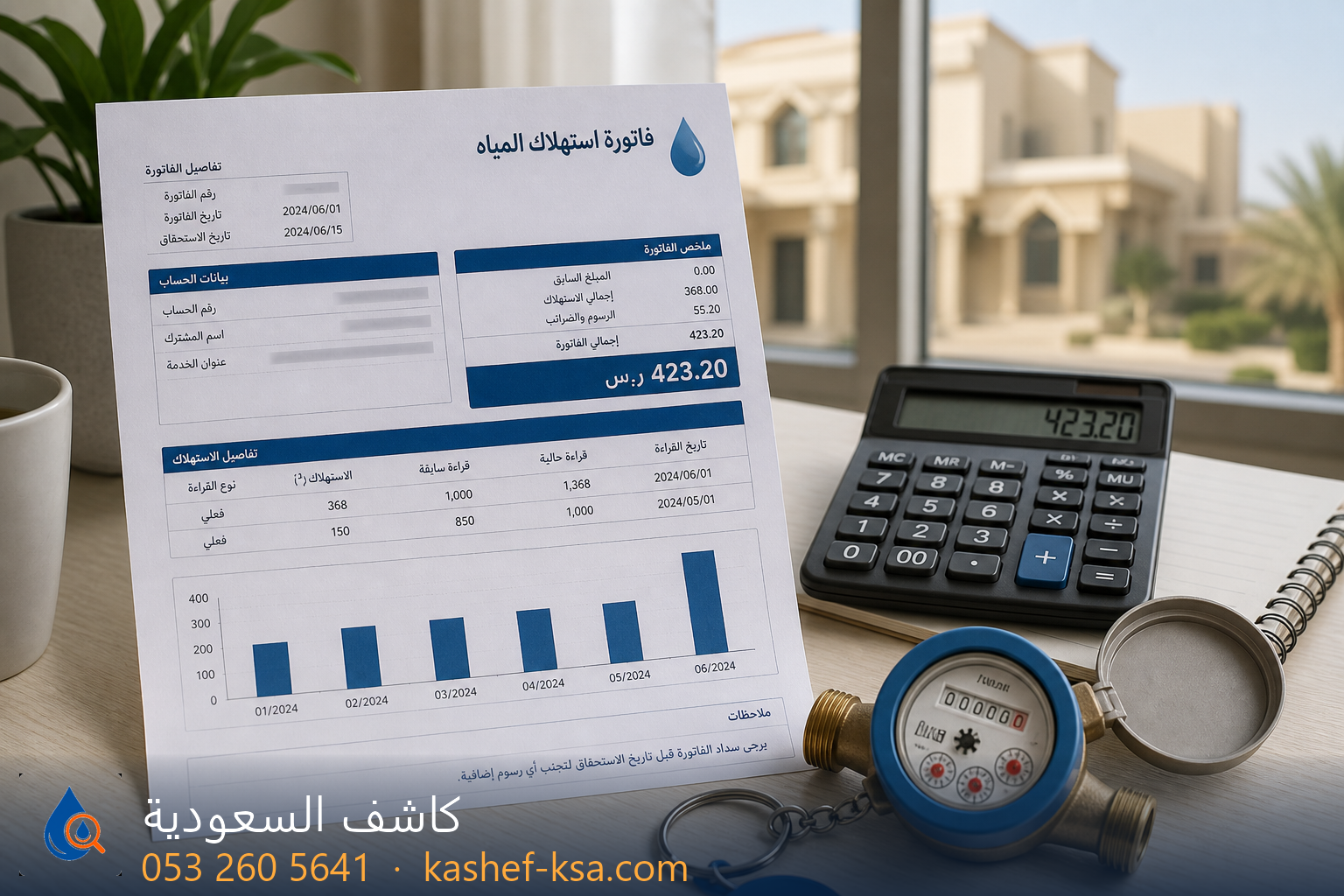 فاتورة مياه وحاسبة على مكتب — تشخيص ارتفاع فاتورة شركة المياه الوطنية